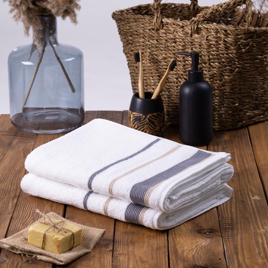 Serenity - Biologisch katoen 2 stuks decoratieve badhanddoek set - hoogwaardig, licht, zacht en absorberend, Oeko-Tex Made in Green & GOTS gecertificeerd - 2 badhanddoeken - beige