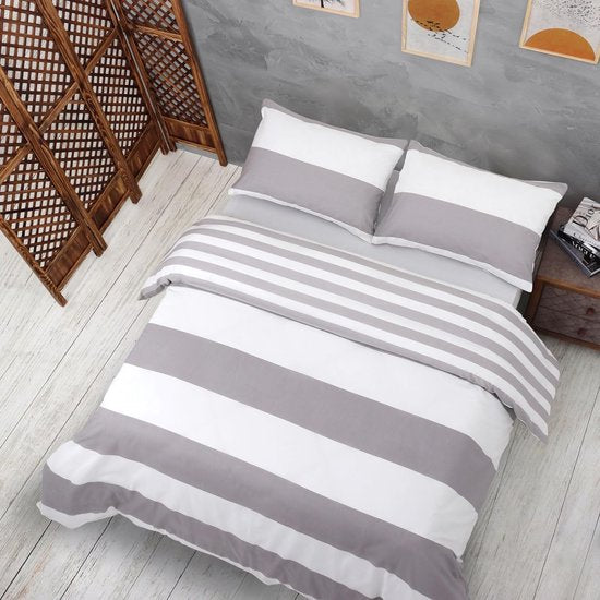 beddengoed 200x200 3-delig grijs & wit - Oeko-TEX 80% katoen & 20% polyester, 1x dekbedovertrek met ritssluiting + 2x kussensloop 50x80 met envelopsluiting, nog steeds model