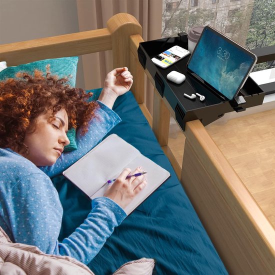 Inklapbaar nachtkastje, bedplank stapelbedrek voor studentenhuis, bedplank voor kinderen, met bekerhouder haken, 28,5 x 42 cm, zwart