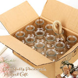 Kleine glazen vaasjes, set van 12 kleine vaasjes voor tafeldecoratie, bruiloft, decoratieve vaasjes set met 8 meter jute koord, mini-glazen vaasjes voor tafeldecoratie, vaatwasmachinebestendig, 10,5 cm.