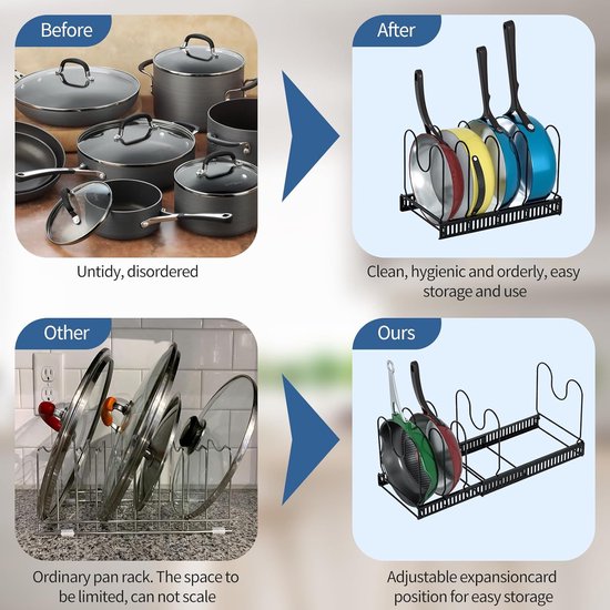 Potdekselhouder, uitbreidbare dekselhouder Lade Potdekselhouder met 10 verstelbare verdelers Pannenhouder Potdekselhouder Lade voor potdeksels, snijplanken, pannen