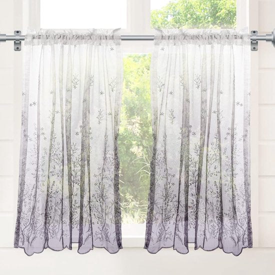 gordijnen, 91 cm borduurgordijnen, vitrage met stangzakken, zachte bistrogordijnen, kort gordijn voor decoratie keuken, slaapkamer, woonkamer, café, kleurverloop, grijs