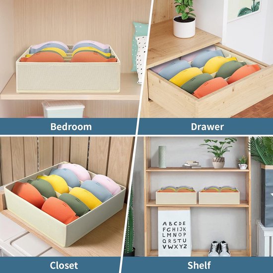 2 stuks opbergdozen, 6 cellen opvouwbare lade-organizer voor ondergoed, stoffen box, lade-organizer voor het bewaren van beha's, ladeverdeler, thuis, slaapzaal, kledingkast, beige
