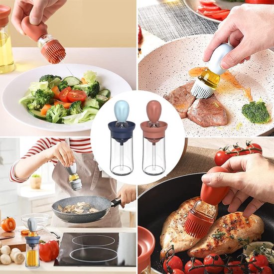 2 stuks oliefles met kwast siliconen, 2-in-1 oliefles siliconen kwast, olijfolie fles met kwast, oliedispenser met kwast voor keuken, bakken, koken, gebakkwast (180 ml / 6,3 oz)