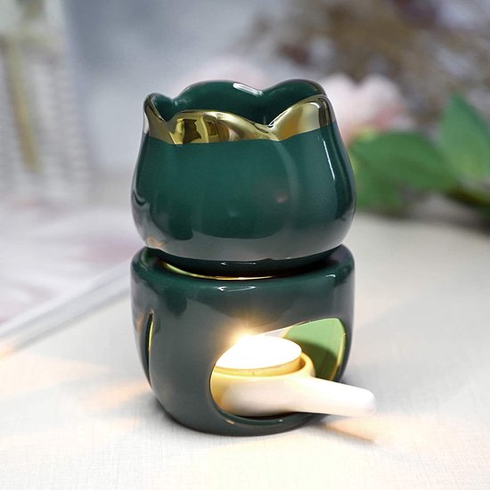 Keramische etherische oliebrander Waxmeltbrander met kaarslepel, decoratief aroma Theelichtkaarshouder Oliebrander voor waxmelt, bloemmodel (groen)
