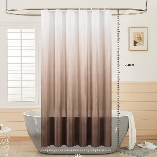 Douchegordijn, textielgordijnen van stof, waterdicht, schimmelwerend, wasbaar, badkamergordijn in bad, wit naar taupe, 180 x 200 cm, met 12 douchegordijnringen.