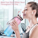 Tritan drinkflessen 1 Liter met BPA-vrij rietje, 1l Waterfles met tijdstempel, lekvrije Sportwaterflessen met scharnierend deksel voor Fitness Gym Yoga Trips