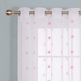 Voile gordijnen linnenlook gordijn met ogen decosjaal met borduurwerk ster, 183 x 140 cm (hoogte x breedte), roze, set van 2