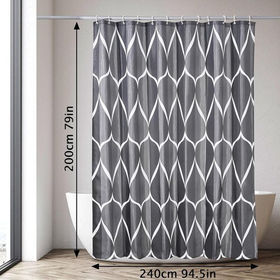 Douchegordijn waterdicht 200 x 240 cm badgordijn van polyester wasbaar badkamergordijn met 12 ringen voor douche en badkuip zwart