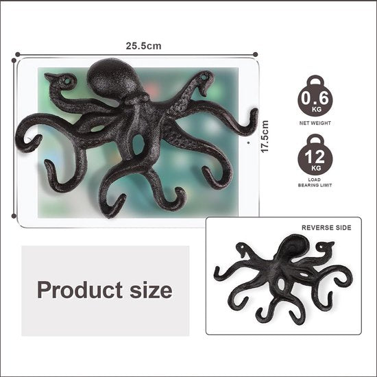 Octopus kapstokken, rustieke kapstokken, gietijzeren muurhaken met schroeven, kapstokken muur om op te hangen, kleding, sleutels, hoeden, tassen, donkerbruin