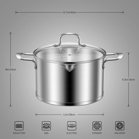 Pan 28 cm kookpan 9 liter van roestvrij staal 9 l kookpan groot met glazen deksel stoomgat binnenschaal schenktuit ongecoat ovenvast vaatwasmachinebestendig groente- soeppan inductie