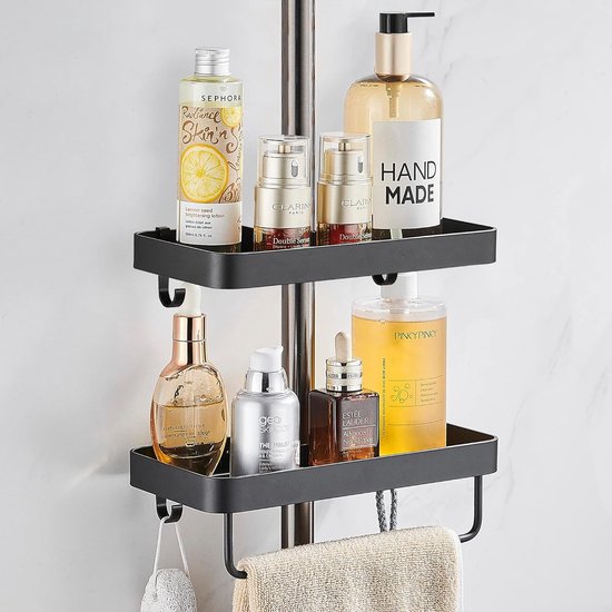 Doucheplank zonder boren metalen doucheplank met ophanging voor 22 mm-25 mm douchestang badkamerplank voor douchehouder 2 niveaus zwart