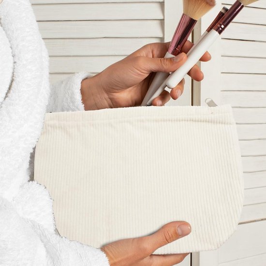 Cosmetische tas, corduroy, cosmeticatasje, stoffen cosmeticatasje met ritssluiting, make-uptas, make-up-organizer voor meisjes en dames, melkwit, kaki, groen (25 x 18 x 5 cm), melkwit, kaki,