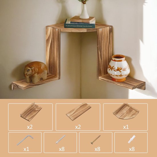 Hoekplank Hangende Wandplank Hout Rustiek Massief Grenenhout met 2 L-vormige Planken voor Keuken Badkamer Slaapkamer Woonkamer Boekenkast Zwevende Planken