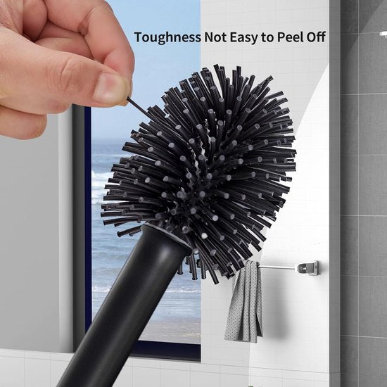Toiletborstel van siliconen, zwart, met sneldrogende houder, toiletborstel, flexibele wc-borstel, wandmontage, zonder boren, toiletborstel, met houder, wc-garnituur, staand