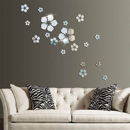 Muurtattoo, 3D-bloemen, muurstickers, spiegelstickers, wanddecoratie, voor woonkamer, kinderkamer, badkamer, koelkast, 18 stuks (A)