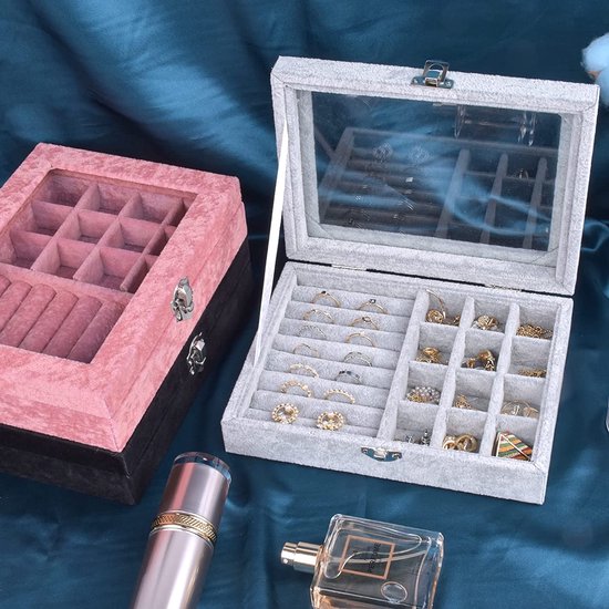 sieraden-organizerdoos, sieradendoos met glazen deksel, sieradendisplay, sieradendoos voor halsketting, armband, ringen, oorbellen, sieraden (grijs)