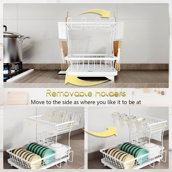 Afdruiprek voor servies, wit, afdruiprek en vaatwashandhouder, klein afdruiprek voor 1-3 personen, afdruiprek