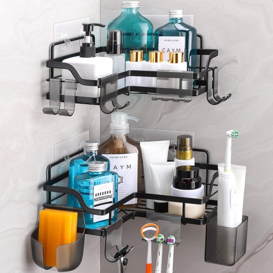 Shower Shelf No Drilling Black Shower Shelf Rustproof Stainless Steel Bathroom Shelf Wall Self-Adhesive Shower Basket with 10 Hooks Shampoo Holder for Shower Pack of 2 for Bathroom and Kitchen