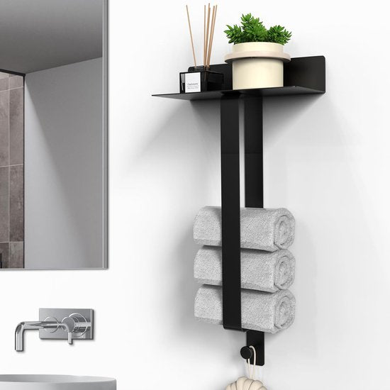 Towel Rail No Drilling with Shelf, Self-Adhesive Wall Towel Holder Bathroom with Hooks, 42 cm Black Matt Guest Towel Holder for Bathroom and Kitchen