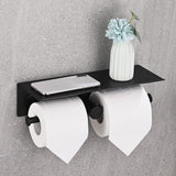 Toiletpapierhouder zonder boren, wc-rolhouder met plank, zelfklevend, wandmontage, aluminium, dubbele wc-rolhouder, wc-papierhouder, voor badkamer, 31 cm, zwart