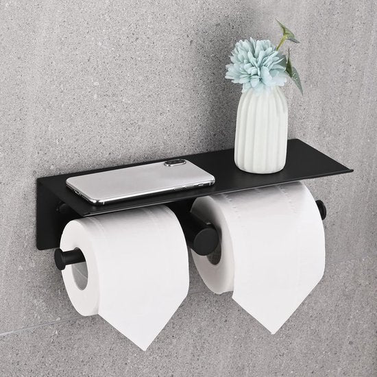 Toiletpapierhouder zonder boren, wc-rolhouder met plank, zelfklevend, wandmontage, aluminium, dubbele wc-rolhouder, wc-papierhouder, voor badkamer, 31 cm, zwart