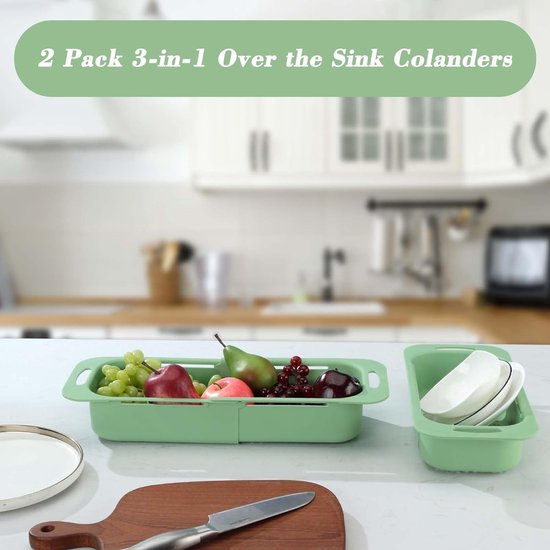Set van 2 gootsteenzeefjes, afdruiprek voor huis en keuken, ideaal voor het wassen van fruit en groenten of kan worden gebruikt als noodle-gootsteenzeef, BPA-vrij (17 W x 37 - 49,5 L x 8 H) cm -