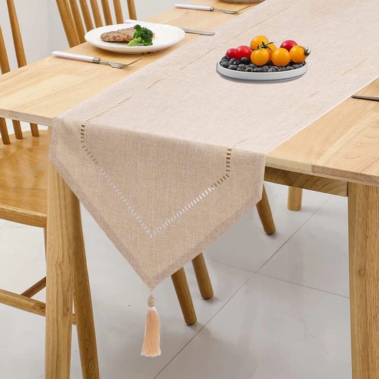 Tafelloper linnen beige 32 x 275 cm, tafelloper linnenlook hoogwaardige tafelloper effen kleur, modern onderhoudsvriendelijk tafelloper voor eettafel, salontafel, restaurant, decoratie