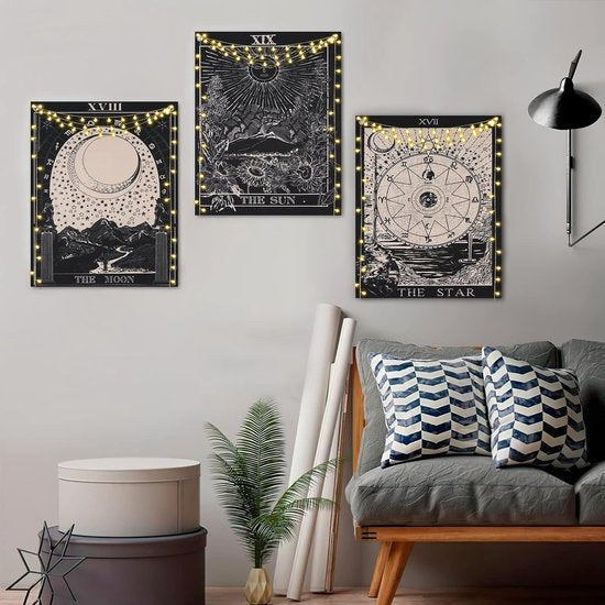 Tarot Wandtapijt, set wandtapijten, zon, maan, ster, wanddoek met nagels, katoenen linnen, natuurlijke wandbekleding, sterrenbeeld, wanddecoratie, voor woonkamer, zwart-wit, 40 x 50 cm