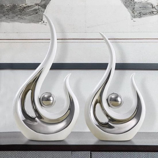 Stijlvolle keramische sculptuur, huisdecoratie voor de moderne woonkamer, abstracte sculptuurdecoratie, decoratie voor de slaapkamer, tafeldecoratie voor kantoor, sculpturen en beelden, wit, 2 stuks.