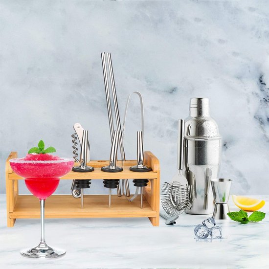 Cocktailshaker 13 + 1-delige cocktailbarset roestvrij staal met standaard - 550 ml baardending kit barkeeper gereedschap Boston cocktailsets perfect cadeau voor thuis en keuken