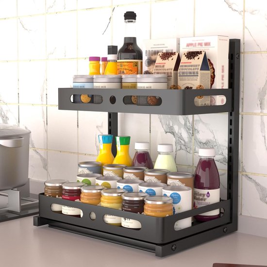 Metalen keukenrek, 2-traps kruidenrek, onder wastafel rek, uittrekbaar badkamer spoelkast organizer, in hoogte verstelbaar keukenkast staand rek