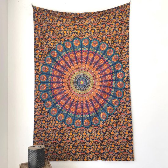 Wandtapijt Mandala - veelzijdig, kleurrijk, 100% katoen - perfect als wandtapijt, esthetisch wanddoek, boho, Indiaas stoffen wandbehang of wandtapijt, blauw en geel, 135x210 cm.