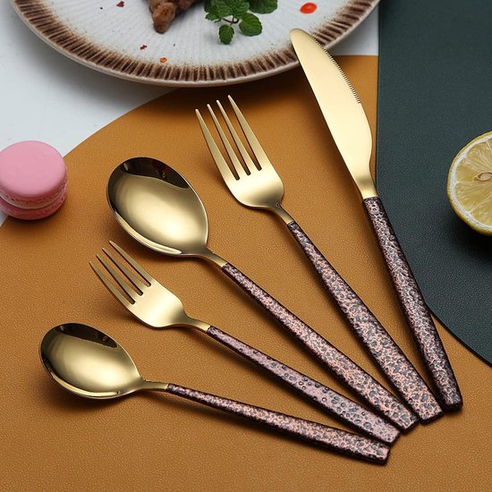 Bestekset, 30 stuks, met maanoppervlak, handvat en glanzende gouden mond, titanium coating, roestvrij staal, moderne bestekset, gebruiksvoorwerpen, set servies voor 6 stuks