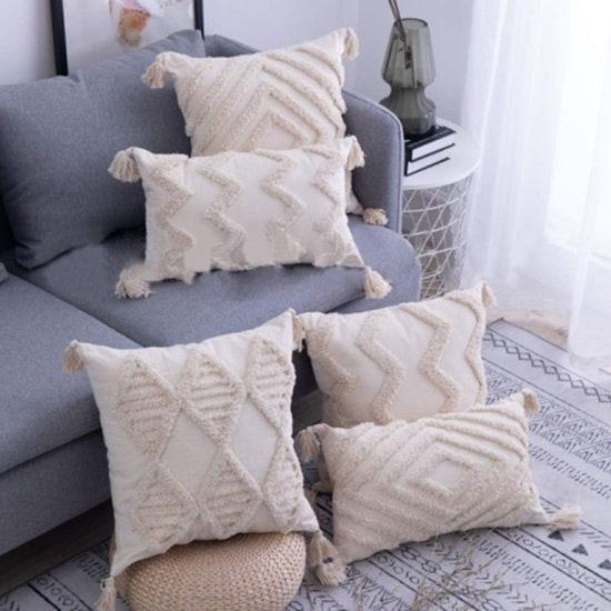 Decoratieve kussenhoes met kwastfranjes, boho, super zachte kussenhoezen, kwastjes voor bank, slaapkamer, woonkamer, 30 x 50 cm, beige
