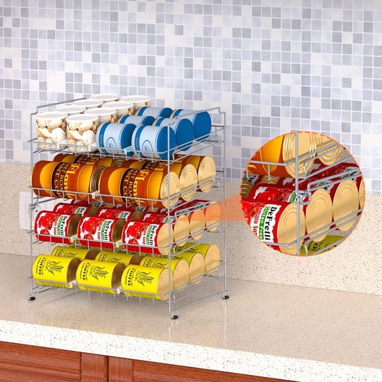 Stapelbaar blikjesrek, organizer voor keukenkasten, opslag of werkbladen, 4 etages, blikdispenser, opslag voor 48 blikjes, zilver