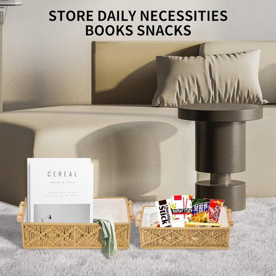 Set van 2 gevlochten opbergmanden, Boho decoratieve mand gevlochten met handvatten, handgemaakte macramé mand gemaakt van katoenen touw, kleine mand voor decoratie, geschenkmand, broodmand, snacksopslag (wit)