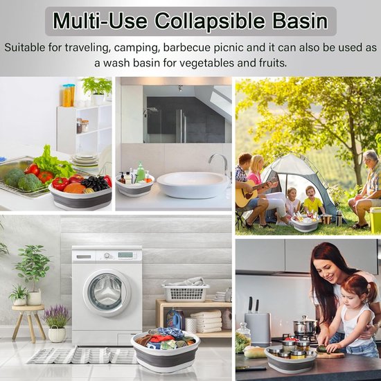Opvouwbare wasmand, set van 3, duurzame wasmand met 3 haken, gemaakt van kunststof, grijs, opvouwbare wasmand, ruimtebesparende opvouwbare wasmand voor afwassen, fruit, kamperen, wasgoed.