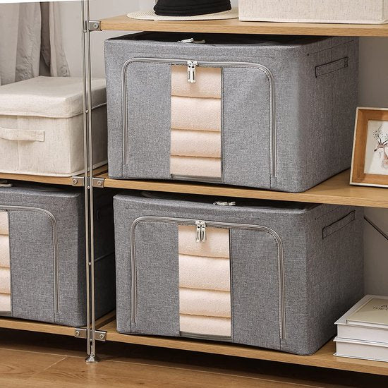 Stapelbare opbergdoos - grote opbergtas - opvouwbare opbergdoos voor onder het bed - met metalen frame, versterkte handgreep en ritssluiting 66L, 2-pack (middelgrijs)