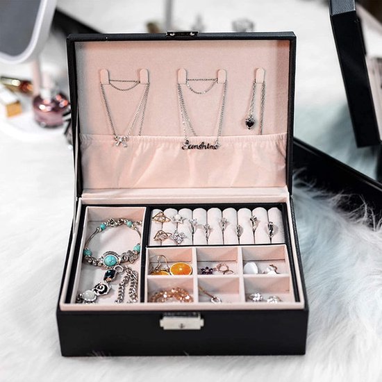 Sieradendoos Organizer 2-laags Afsluitbaar PU-leer Sieradendoosje Sieradenhouder Ketting Horloge Opbergdoos met Deksel Verwijderbare Oorbel Divider Zwart