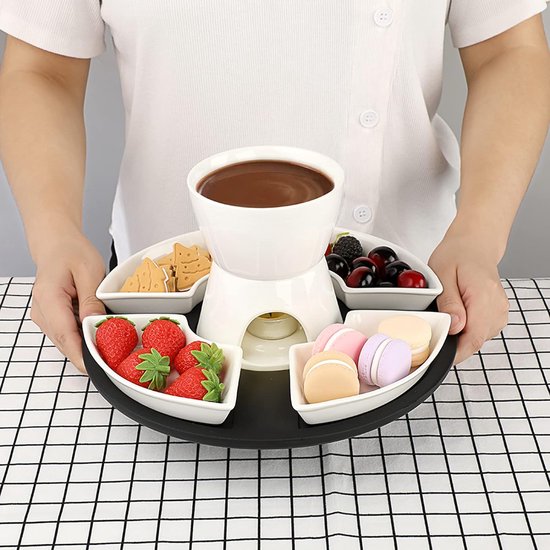 Keramische chocoladefonduepannenset met houten palet 4 vorken 4 borden Chocoladefondueset Kaasfondue voor chocolade Kaasfondue Familiediner Dessert Picknicks Verjaardagsfeestjes Vakantiefeesten