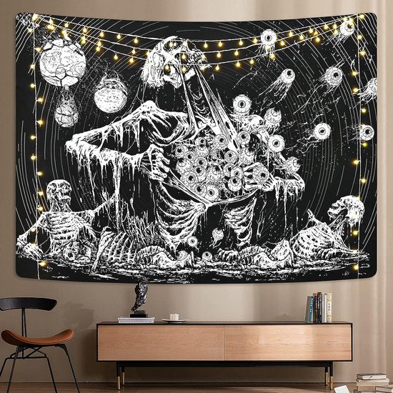 Schedel wandtapijt ogen wanddoek menselijk skelet wandtapijt, zwart-wit wandtapijt, esthetisch, hippie gotisch wandtapijt voor slaapkamer, woondecoratie, wanddoeken 210 x 150 cm