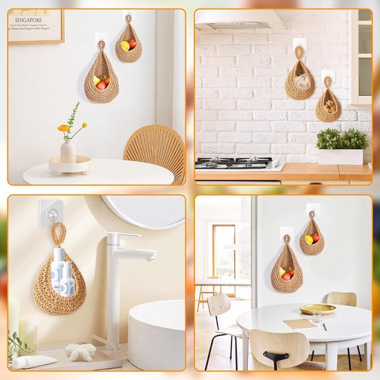 2 stuks hangende fruitmand, gevlochten hangmand keuken voor fruitopslag, fruitmand hangende muur met haak, fruitmand in Boheemse stijl voor opslag keuken