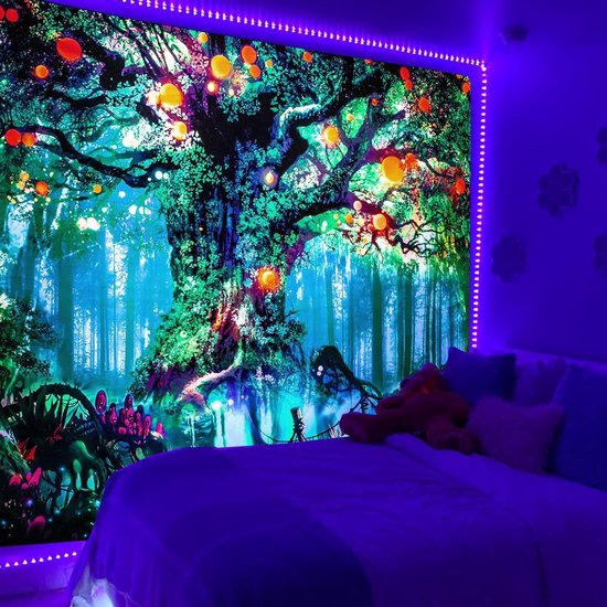 Fantasierijk zwart licht boomtapijt met bosfee, natuur en magische elfenmotieven, muurophanging en trippy UV-reactieve wandtapijten voor slaapkamer - 130 cm x 150 cm