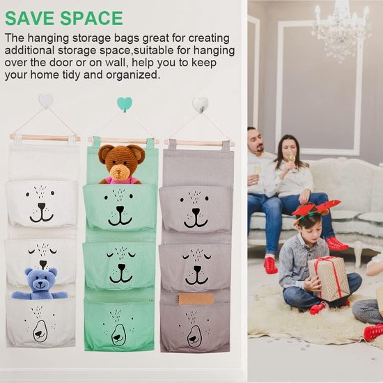 SCHYIDA 3 stuks hangende tas voor aan de muur, hangende opbergtas, hangende organizer met 3 halve cirkelvormige vakken, voor kinderkamer, badkamer, slaapkamer, grijs/groen/wit