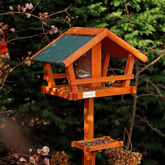 Vogelhuis, voederhuis voor vogels met weerbestendig dak en standaard, voederstation voor vogels, vogelvoederhuis van hout, voedersilo voor vogels, natuurlijke kleuren