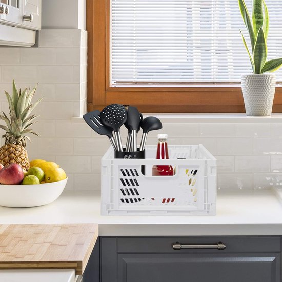 4 stuks opvouwbare kunststof opbergdozen, kunststof vouwmand, opvouwbare opbergmand, kunststof mand, stapelbare transportdozen, vouwdoos van kunststof voor keuken, slaapkamer, kantoor