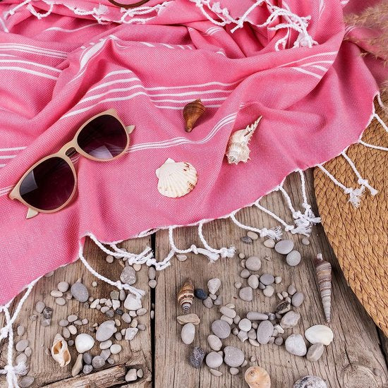 Premium hamamdoek met handgeknoopte franjes, 100% katoen, XXL strandhanddoek, 100 x 200 cm, Oeko-TEX 100, grote strandhanddoek, saunahanddoek en reishanddoek (roze)
