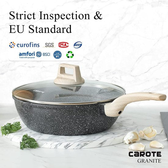 CAROTE braadpan zwart 28 cm met deksel, pan met duurzame anti-aanbaklaag, diepe koekenpannen Voor alle soorten fornuizen inclusief pan-inductie