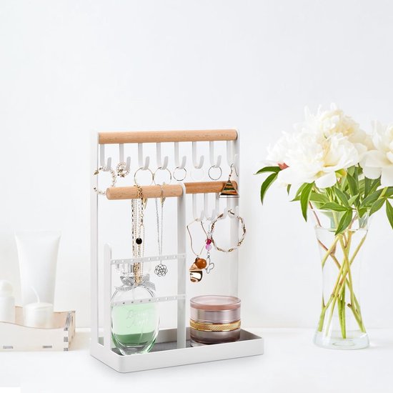 Sieradenstandaard, sieradenhouder, oorbel, opbergen, kettingstandaard, sieraden, halskettingen, opbergen, sieradenstandaard met opbergbasis voor halskettingen, armbanden, ringen, wit